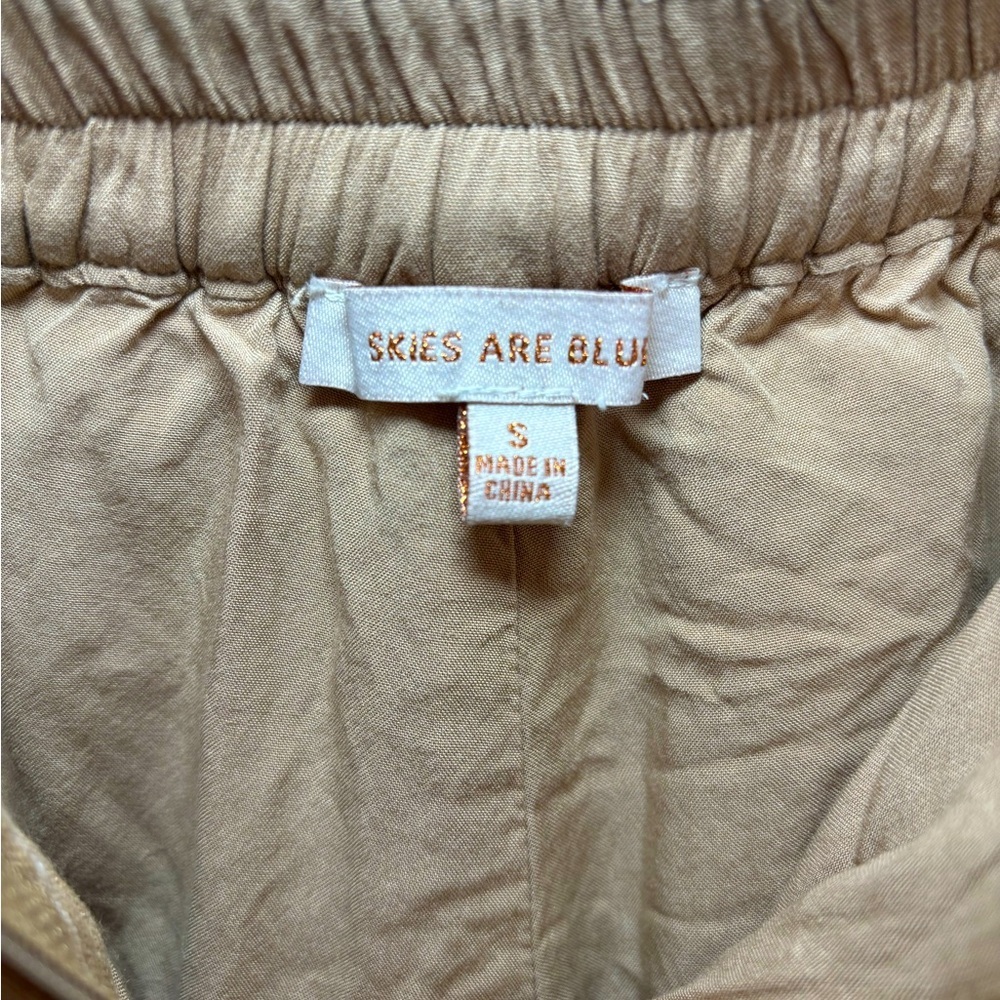 Skies Are Blue Small Tan Linen Cropped High Rise Pin Striped Pants‎ 73976 Latte - Picture 9 of 11
